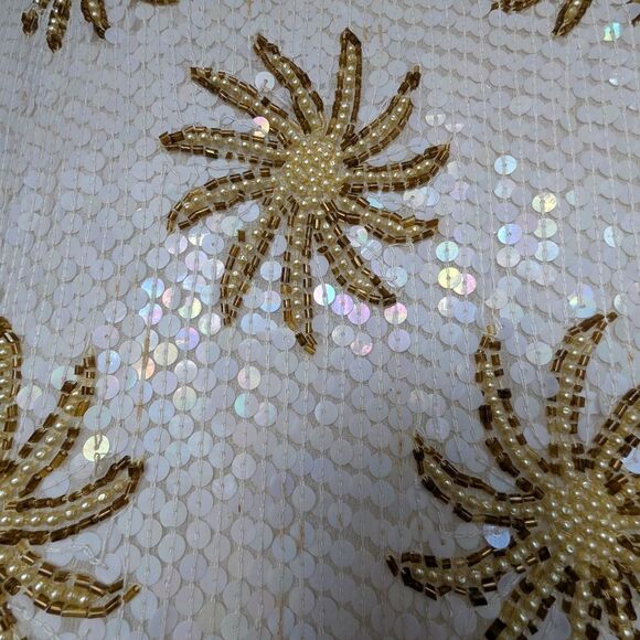 Great Gatsby Vintage White 💯 Silk Sequin Beaded Starburst Midi Shift Dress S - Picture 11 of 17